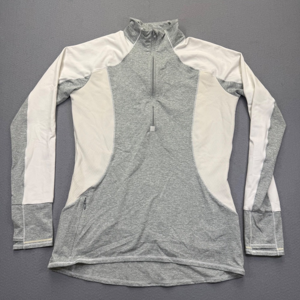 Athleta Gray White Quarter Zip Pullover Long Sleeve Thumbhole Shirt Size‎ M